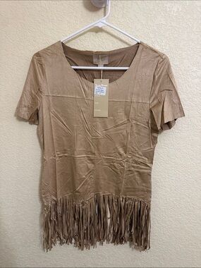 Fringed Short Sleeve Tee in Taupe by Neslay Design
